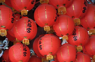 Red lanterns in a quiet temple 